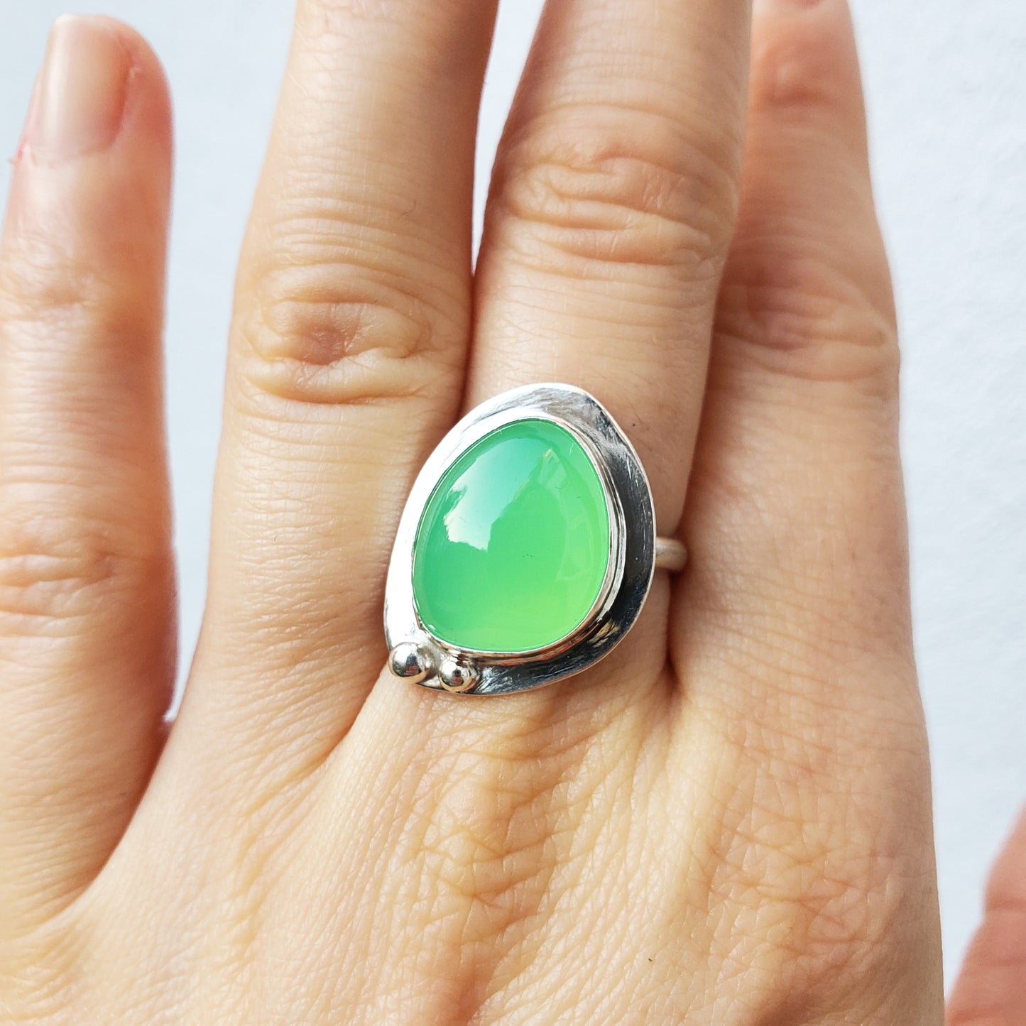 Chrysoprase Sterling Silver Ring with Granulation