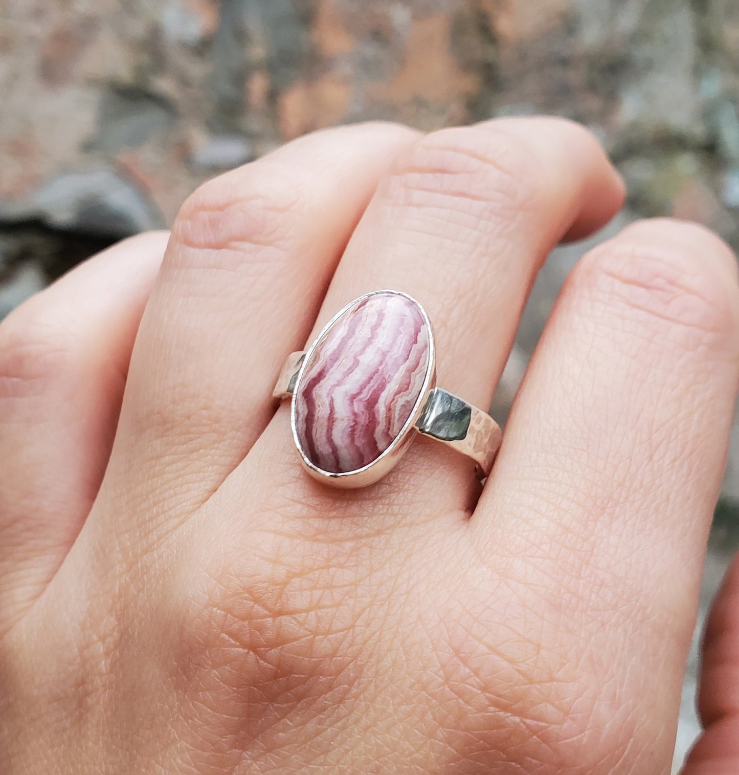 Rhodochrosite Sterling Silver Hammered Ring